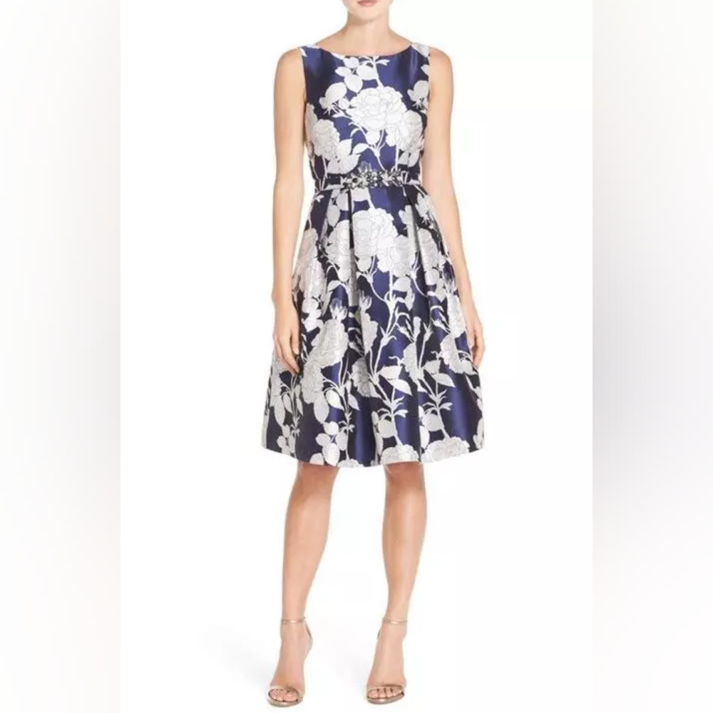 Eliza J Navy/Silver Jacquard Fit&Flare Dress with Rhinestone belt, Size US 8